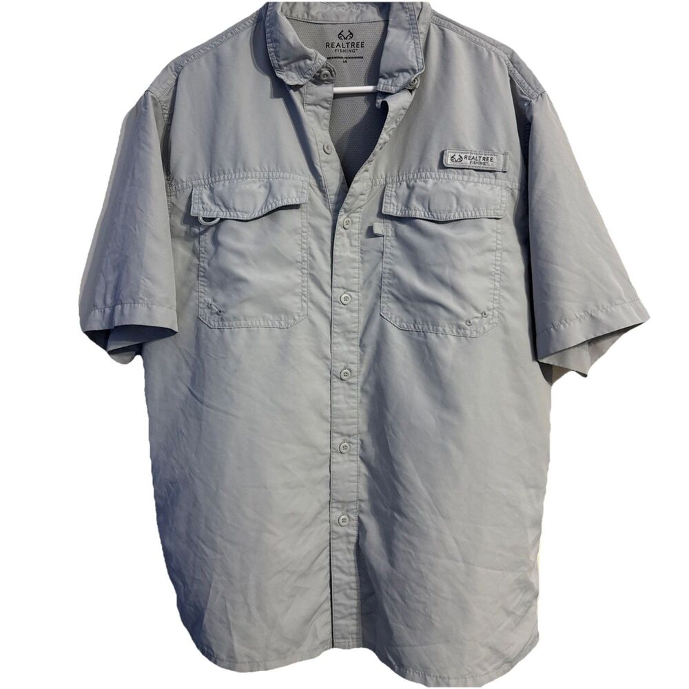 Realtree Fishing Outdoors Vented Light Gray Button Down Shirt Men's Size Large
